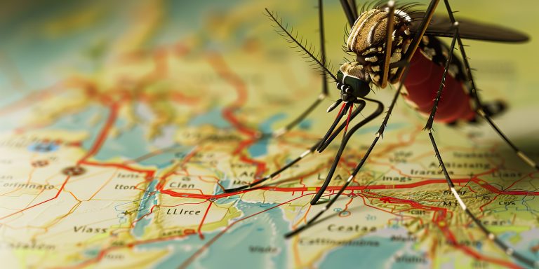 Mosquito transmissor da malária em destaque sobre um mapa, representando a disseminação geográfica da doença.