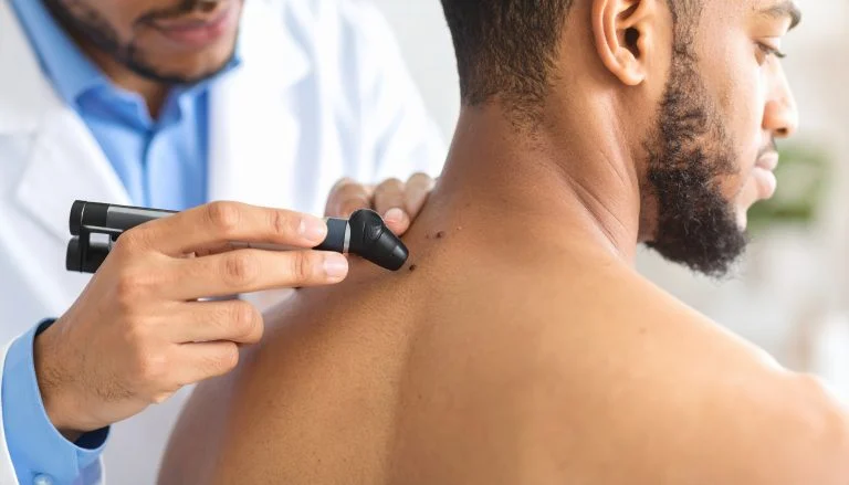 Médico examinando pinta nas costas de paciente com dermatoscópio, representando a avaliação e prevenção do câncer de pele.