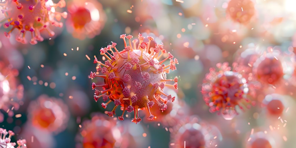 Ilustração de partículas virais em destaque, representando o vírus H1N1 e sua disseminação no organismo.