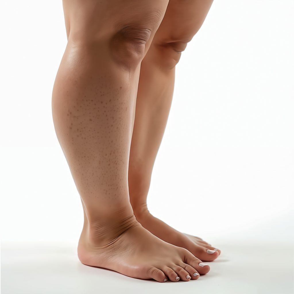 ernas com acúmulo desproporcional de gordura e aspecto irregular na região das panturrilhas, característica do lipedema, uma doença crônica que afeta o tecido adiposo.