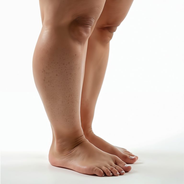 ernas com acúmulo desproporcional de gordura e aspecto irregular na região das panturrilhas, característica do lipedema, uma doença crônica que afeta o tecido adiposo.