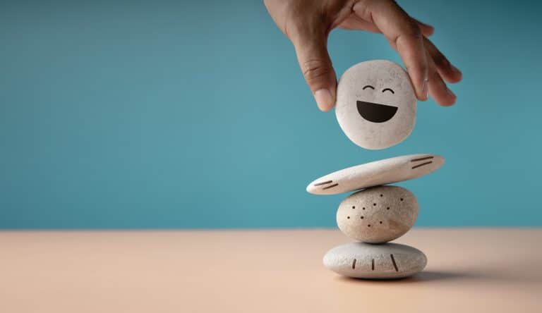 Mão equilibrando pedras empilhadas com um rosto sorridente no topo, simbolizando regulação emocional e o cuidado em organizar e lidar melhor com as emoções.