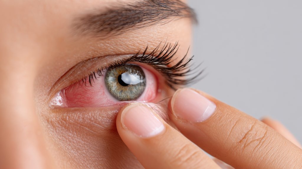Olho vermelho e irritado sendo tocado pela pessoa, ilustrando os sintomas da Conjuntivite alérgica e o desconforto causado pela inflamação ocular.