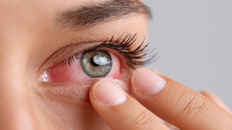 Olho vermelho e irritado sendo tocado pela pessoa, ilustrando os sintomas da Conjuntivite alérgica e o desconforto causado pela inflamação ocular.