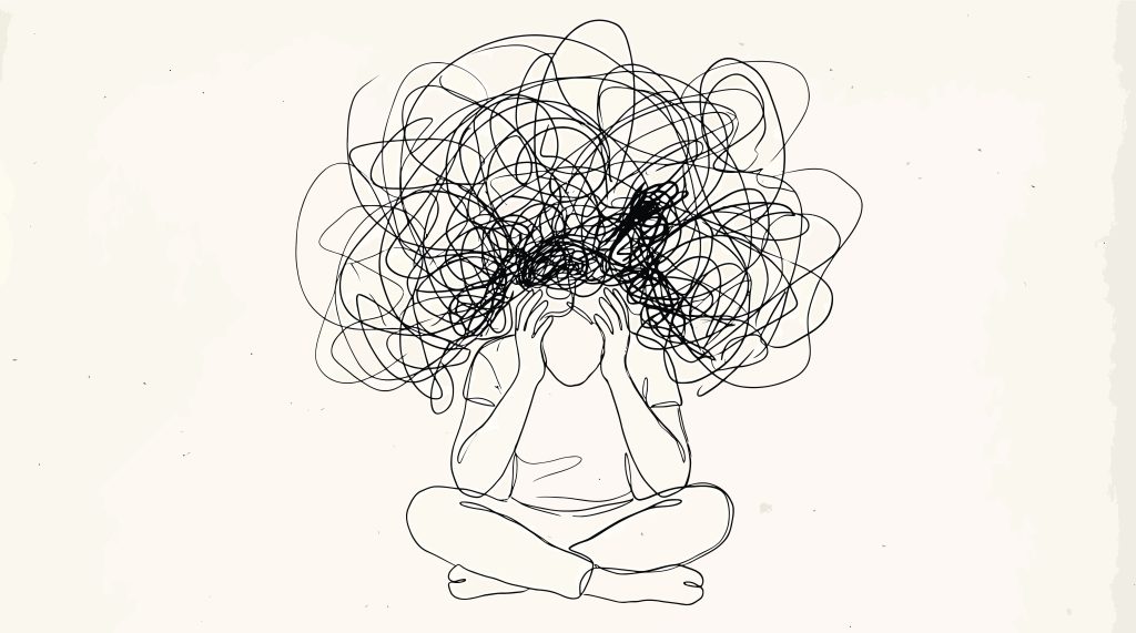 Ilustração de pessoa sentada com expressão de sofrimento mental e pensamentos confusos ao redor da cabeça, representando os sintomas e desafios da Esquizofrenia.