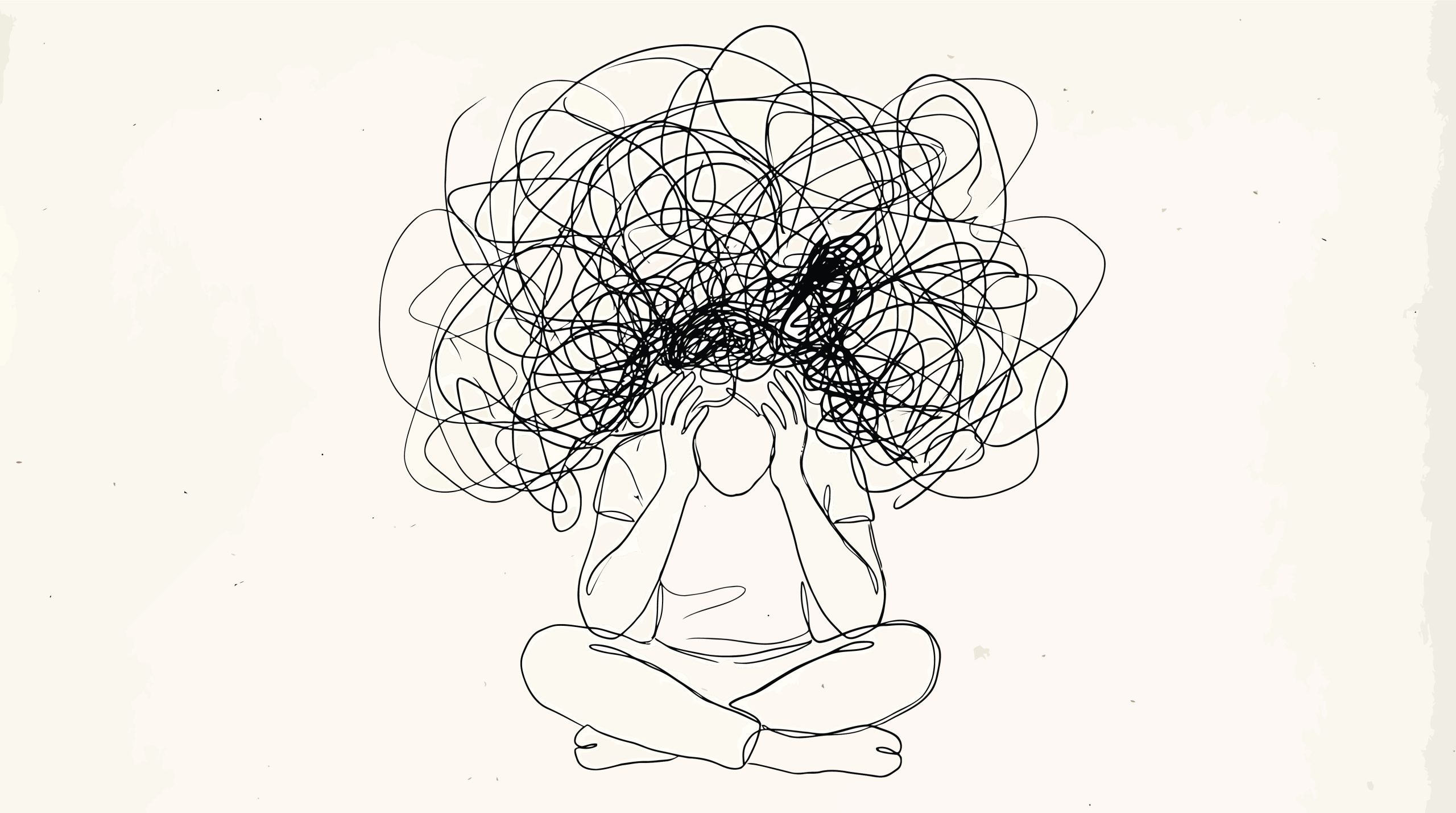 Ilustração de pessoa sentada com expressão de sofrimento mental e pensamentos confusos ao redor da cabeça, representando os sintomas e desafios da Esquizofrenia.