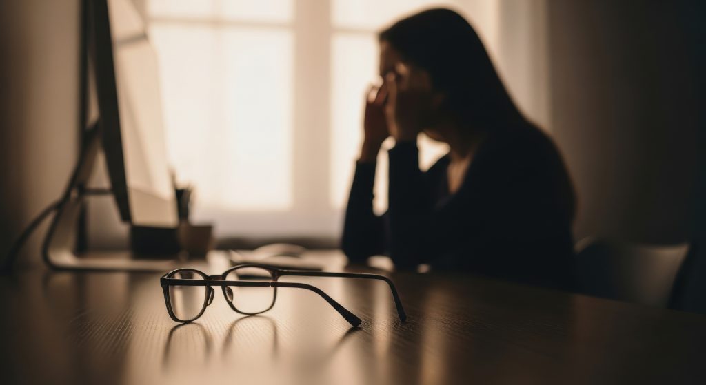 Mulher sentada em frente ao computador com expressão de cansaço e tensão, ilustrando os impactos do estresse crônico na saúde mental e no bem-estar.