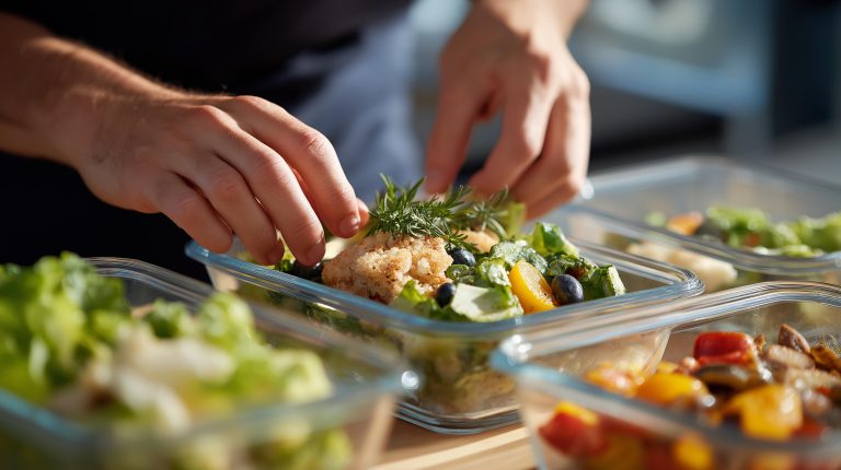 Pessoa preparando marmitas com alimentos saudáveis, como vegetais e proteínas, representando a alimentação equilibrada no cuidado do lipedema.