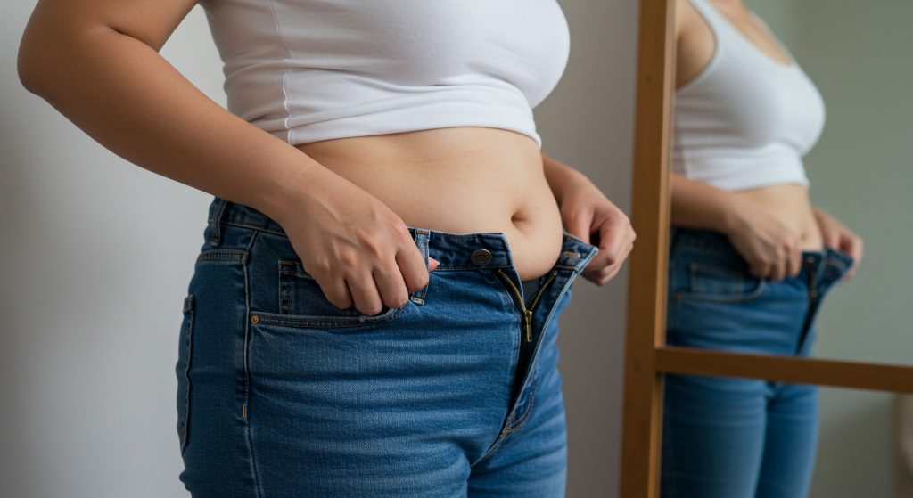 Pessoa tentando fechar uma calça jeans que ficou apertada na região da cintura, ilustrando o ganho de peso e as mudanças corporais que podem estar relacionadas a alterações hormonais e metabólicas.