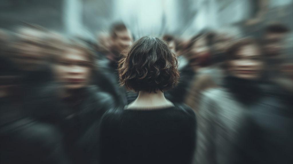 Pessoa em meio a uma multidão desfocada, transmitindo sensação de medo intenso, confusão e perda de controle, sintomas frequentemente associados ao transtorno do pânico durante uma crise.
