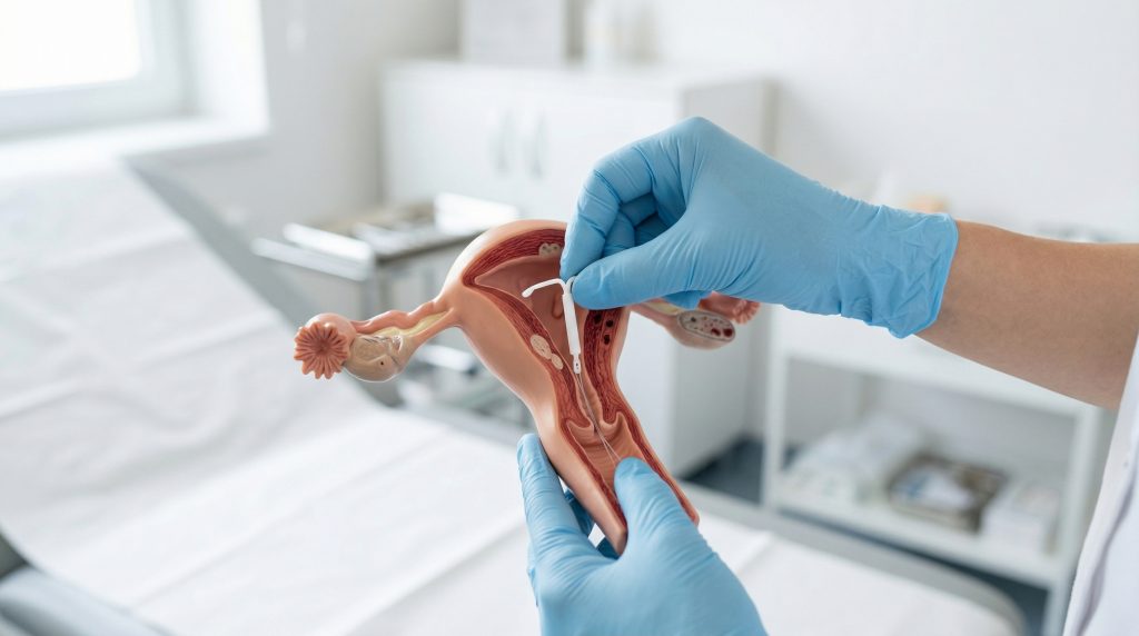 Colocar DIU dói? Conheça as opções com anestesia e agende com um ginecologista 1 Modelo anatômico do útero com um DIU sendo posicionado por um profissional de saúde, ilustrando o procedimento de inserção do dispositivo intrauterino em consultório ginecológico.