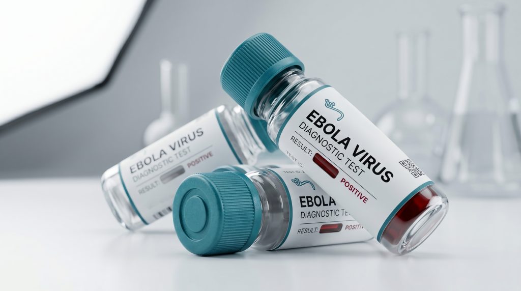 Frascos de laboratório identificados para teste diagnóstico de Ebola sobre bancada clínica, representando a investigação, o diagnóstico e o monitoramento da doença causada pelo vírus Ebola em ambientes de saúde e pesquisa.