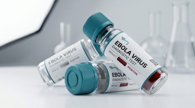Frascos de laboratório identificados para teste diagnóstico de Ebola sobre bancada clínica, representando a investigação, o diagnóstico e o monitoramento da doença causada pelo vírus Ebola em ambientes de saúde e pesquisa.
