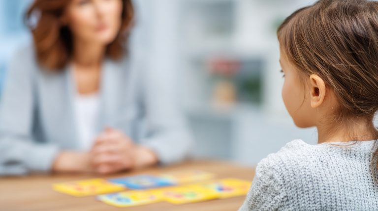 Criança em consulta com psicólogo infantil, em ambiente acolhedor com materiais lúdicos sobre a mesa.