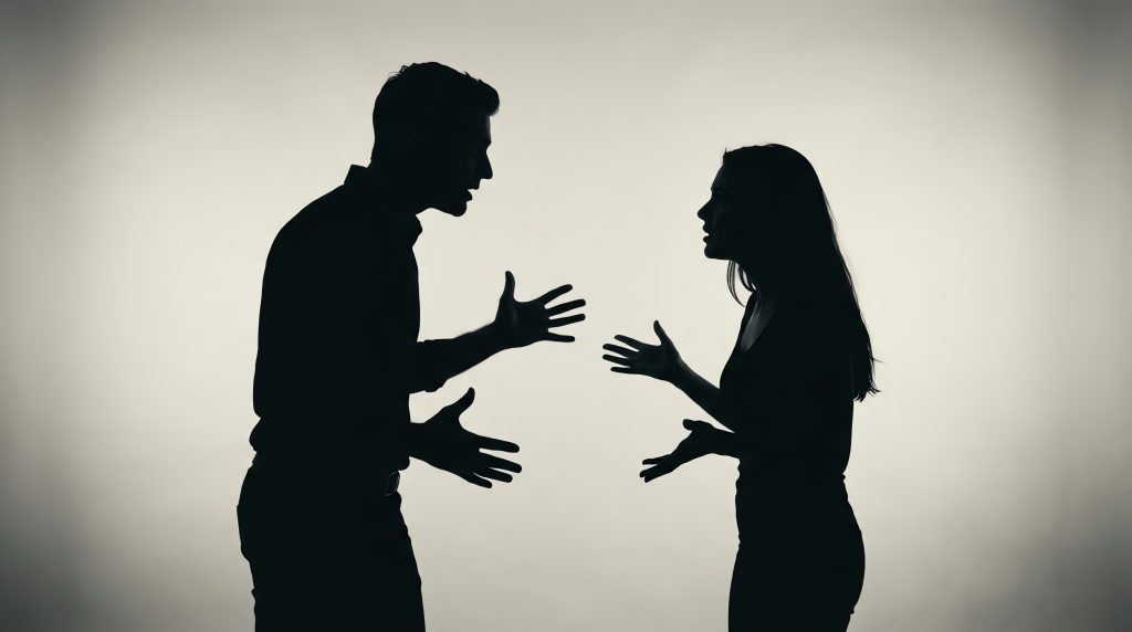 Silhueta de um casal discutindo, com gestos de conflito e tensão, representando sinais de um relacionamento abusivo.