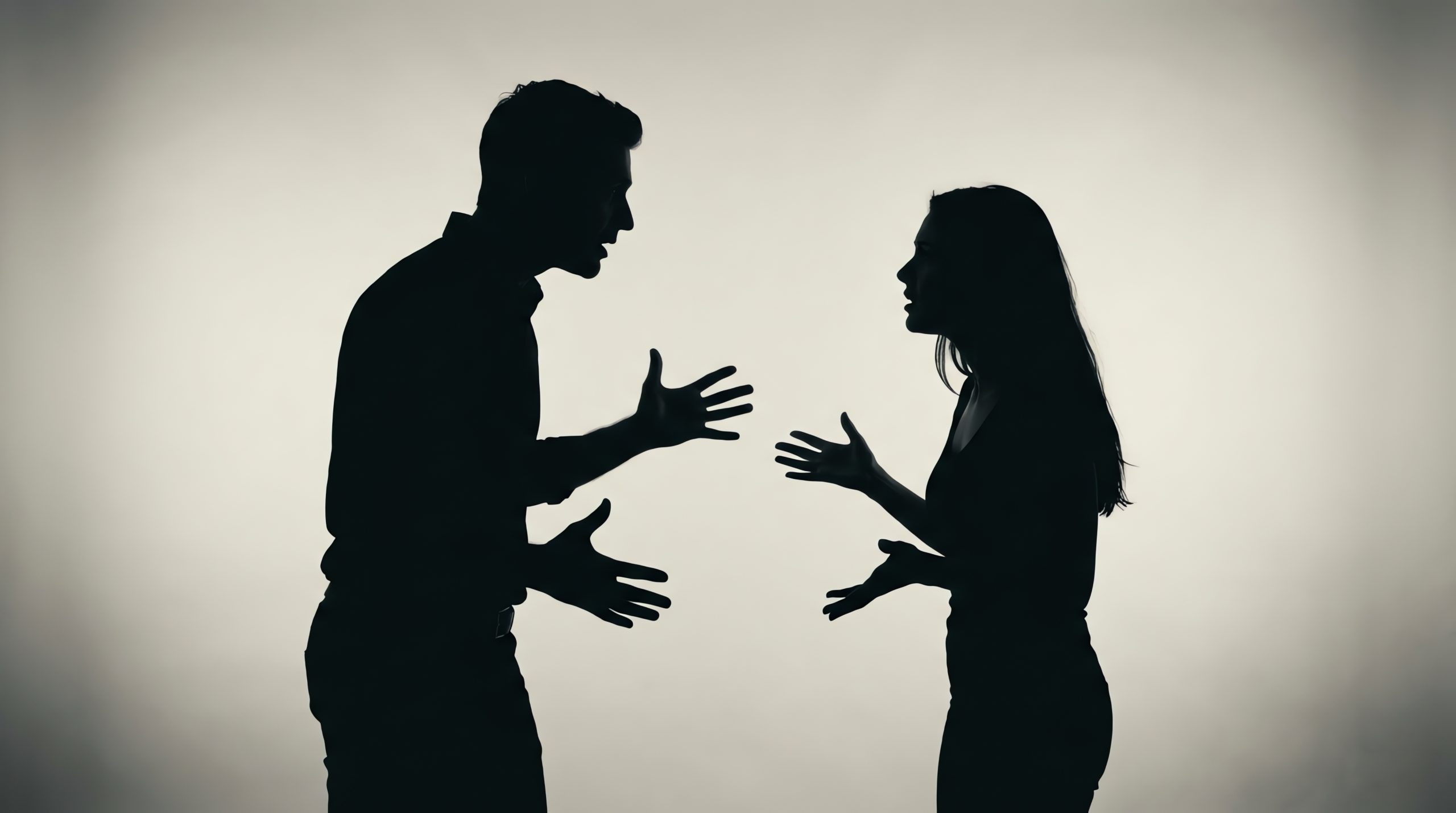 Silhueta de um casal discutindo, com gestos de conflito e tensão, representando sinais de um relacionamento abusivo.