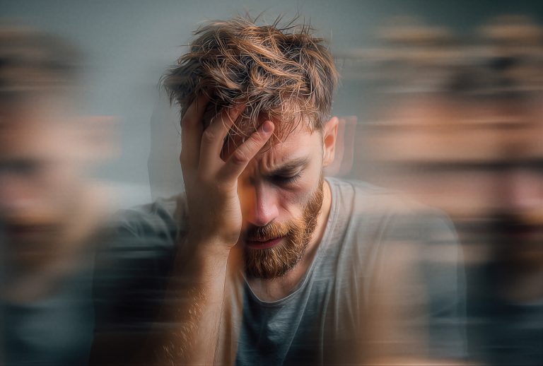 Homem com expressão de angústia, segurando a cabeça, enquanto efeitos visuais de movimento representam a sensação de confusão e o mal-estar que podem ocorrer durante uma crise do pânico.