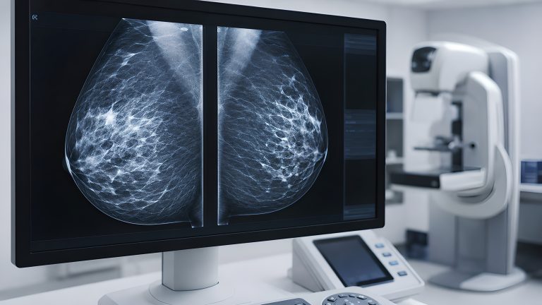 Imagens de mamografia exibidas em um monitor, com equipamento de exame ao fundo, destacando a importância do procedimento para a detecção precoce do câncer de mama.